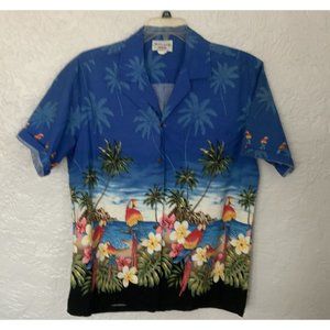 Mens Pacific Legend Apparel Hawaiian Short Sleeved Parrots and Palm Trees Large